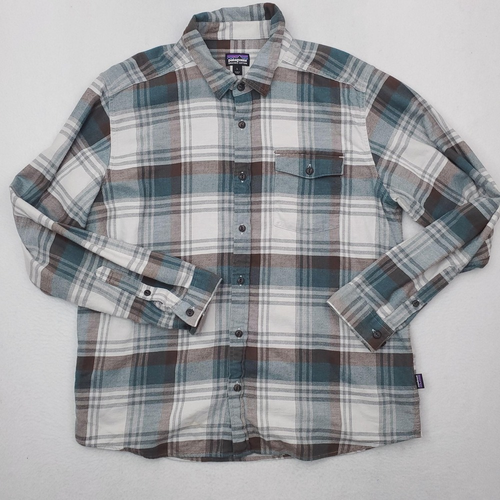 Patagonia Fjord Flannel Shirt Mens Large Green Brown Plaid Lightweight Button Up